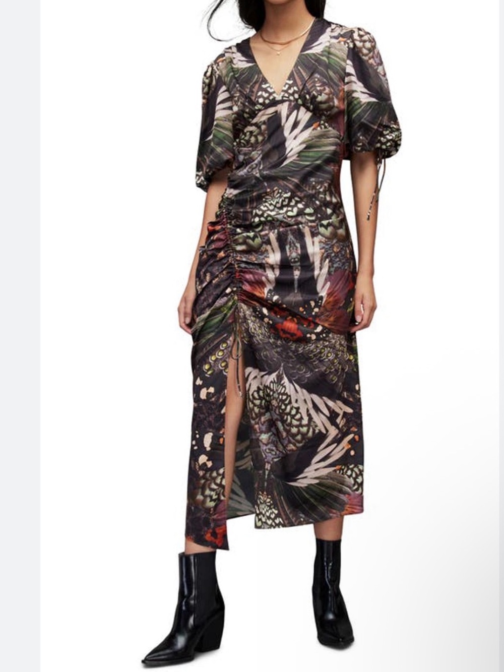 AllSaints Multicolor Printed V-Neck Ruched Midi Dress size 8 US